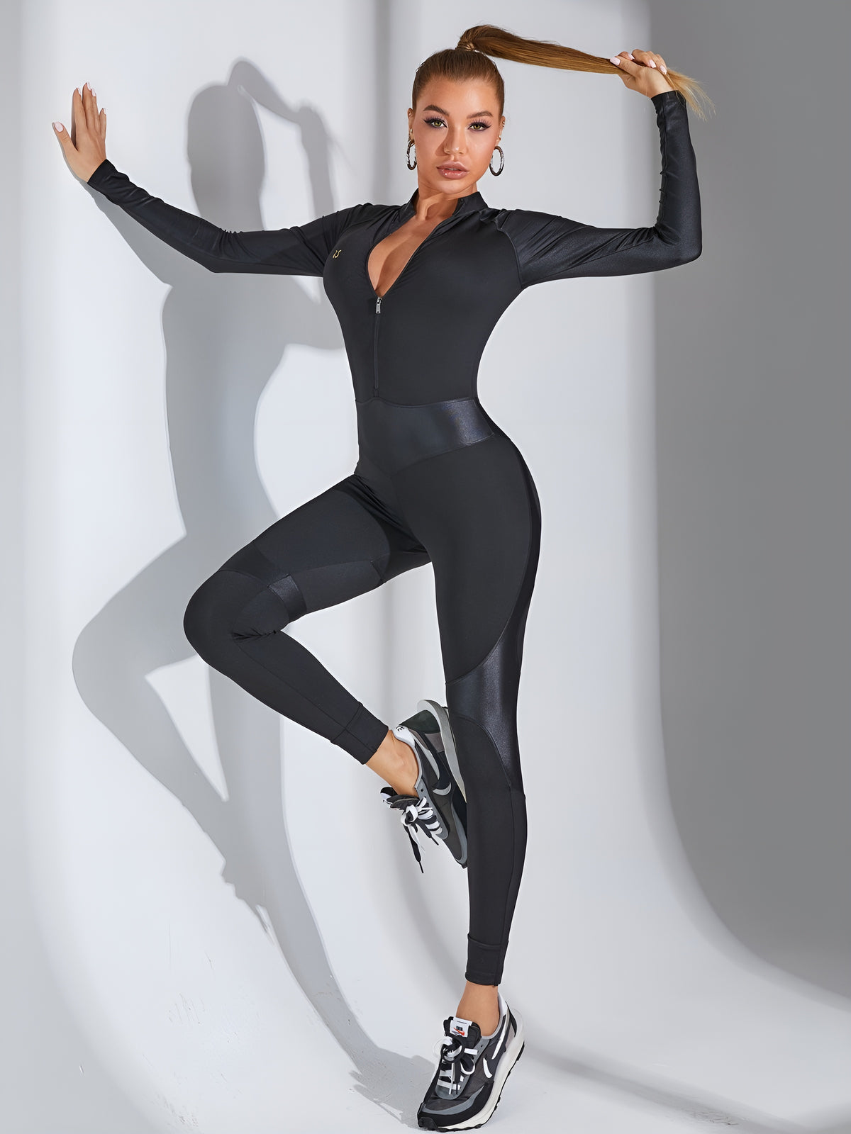 Faux Leather Half Zipper Jumpsuit