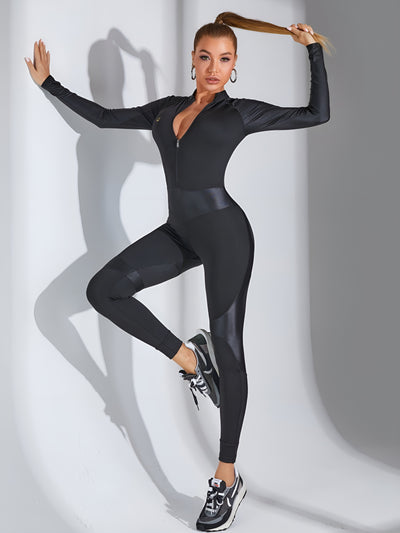 Faux Leather Half Zipper Jumpsuit