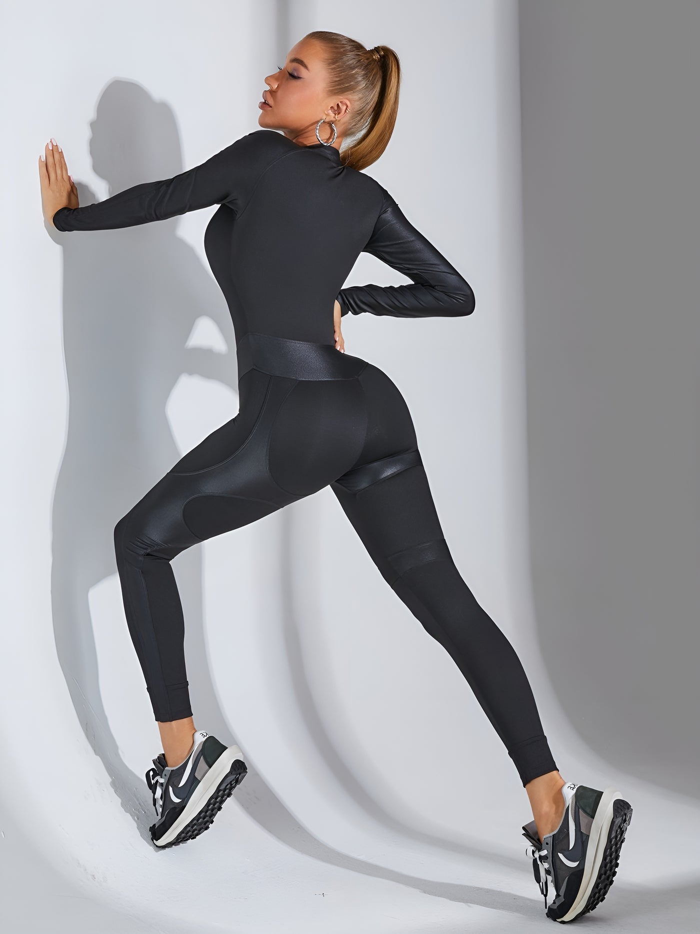Faux Leather Half Zipper Jumpsuit