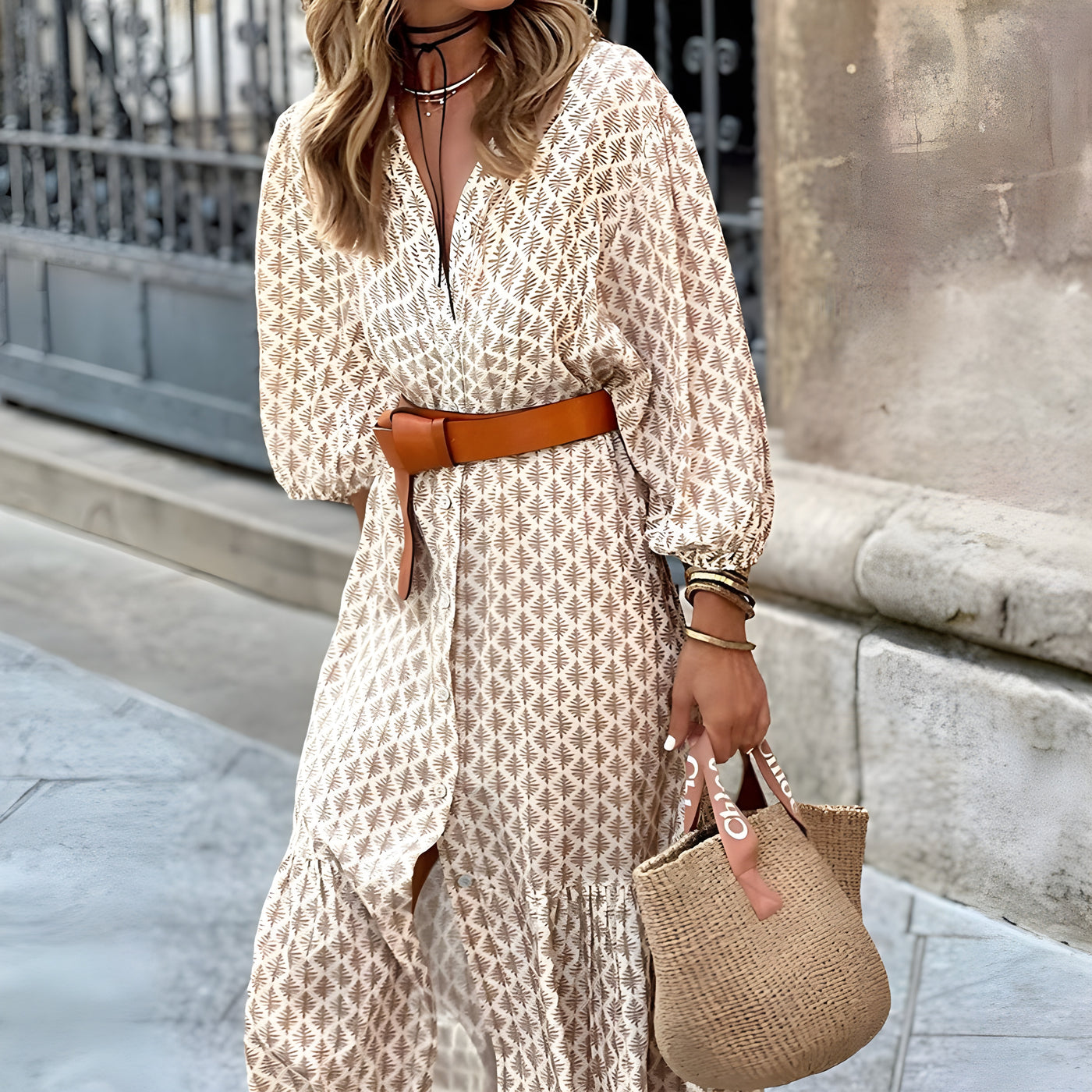 Ingrid™ | Birch Graphic Print Long Autumn Dress