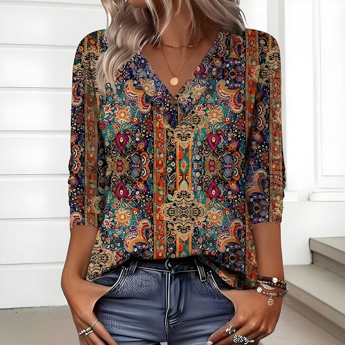 Olga - Elegant Bohemian Print Blouse With Long Sleeves