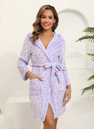 Clair™ | Cute Flannel Soft Bathrobe - Cow/Pink/Hearts/Blue - Peignoir