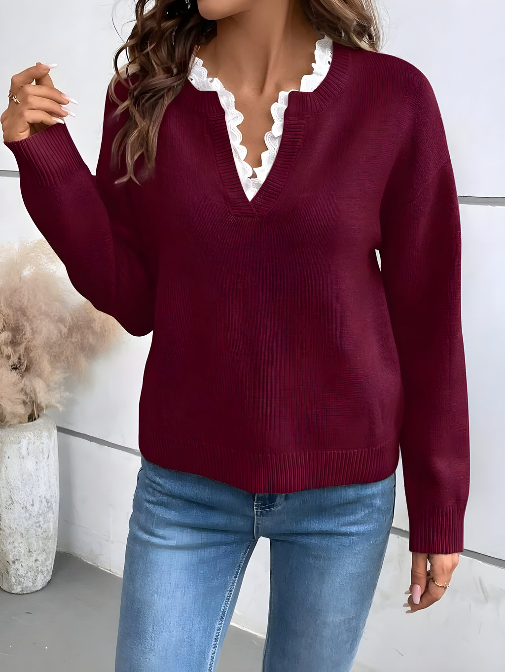 Emma™ | V-Neck Jumper With Lace Trim