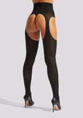 High Waisted Glossy Crotchless Tights - Black