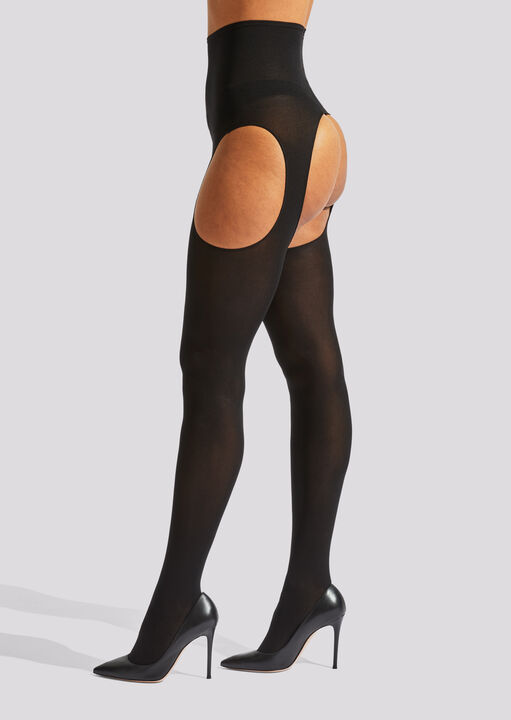 High Waisted Glossy Crotchless Tights - Black
